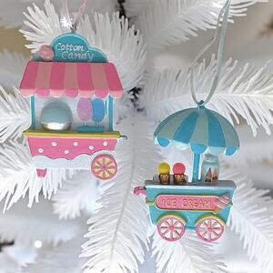 Cotton Candy & Ice Cream Carts Christmas Tree Ornaments Striped Roof Blue Pink